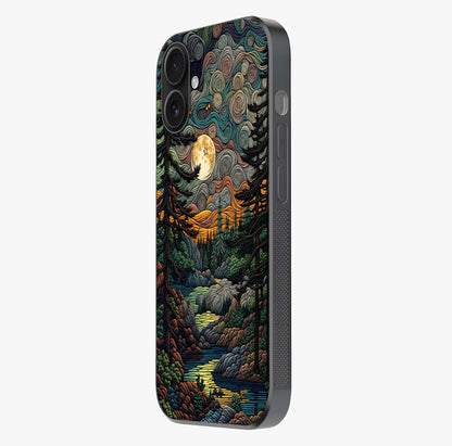 Moonlight Forest Dream Glass Case photographed in natural light showing reflective finish and design depth.