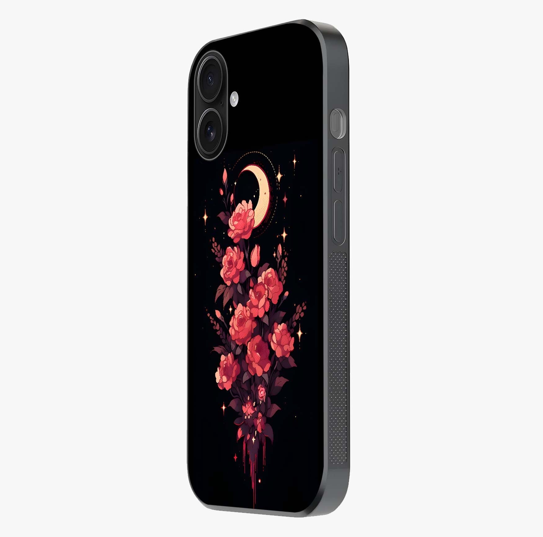 Moonlit Floral Elegance Glass Case photographed in natural light showing reflective finish and design depth.