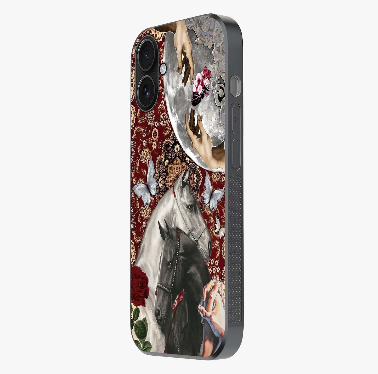 Moonlit Royal Stallion Glass Case photographed in natural light showing reflective finish and design depth.
