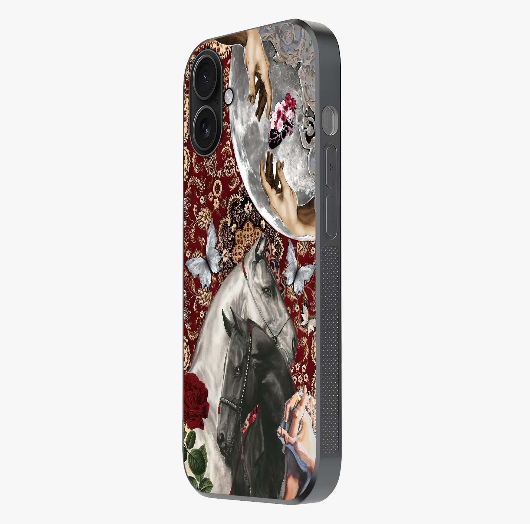 Moonlit Royal Stallion Glass Case photographed in natural light showing reflective finish and design depth.