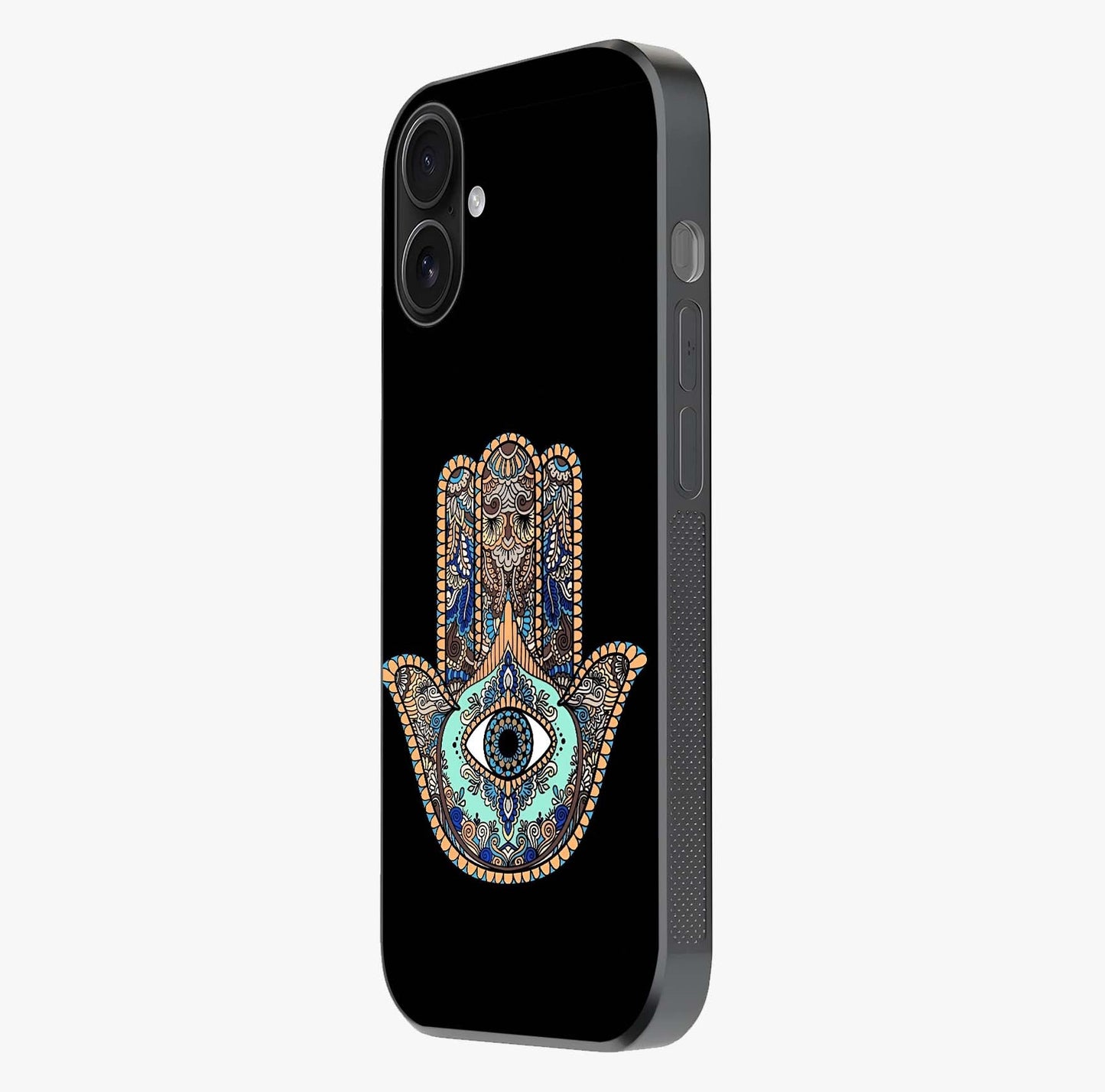 Mystic Hamsa Eye Glass Case photographed in natural light showing reflective finish and design depth.