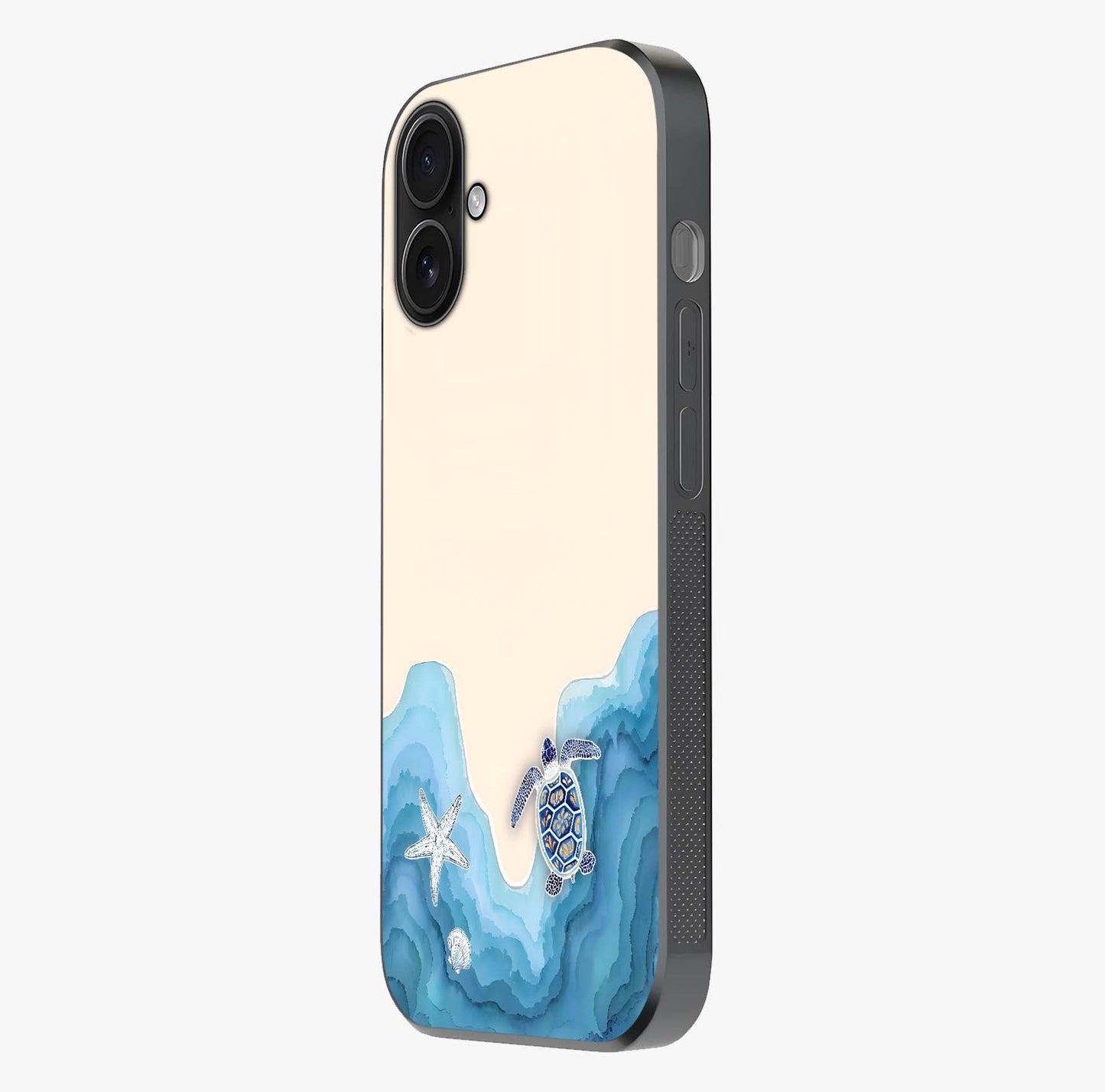 Ocean Drift Turtle Glass Case photographed in natural light showing reflective finish and design depth.