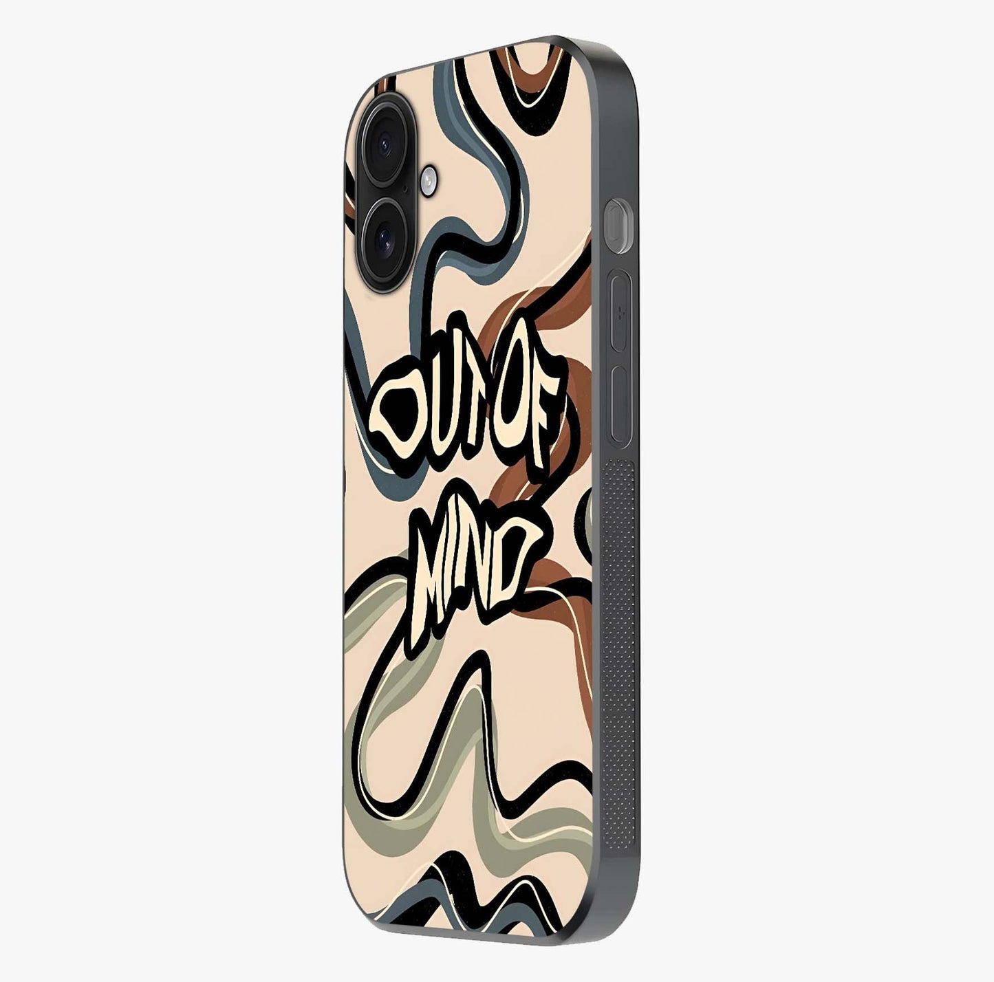 Out Of Mind Glass Case photographed in natural light showing reflective finish and design depth.