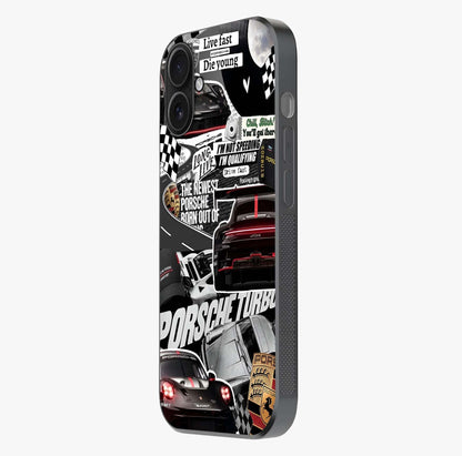 Porsche Racing Collage Glass Case photographed in natural light showing reflective finish and design depth.