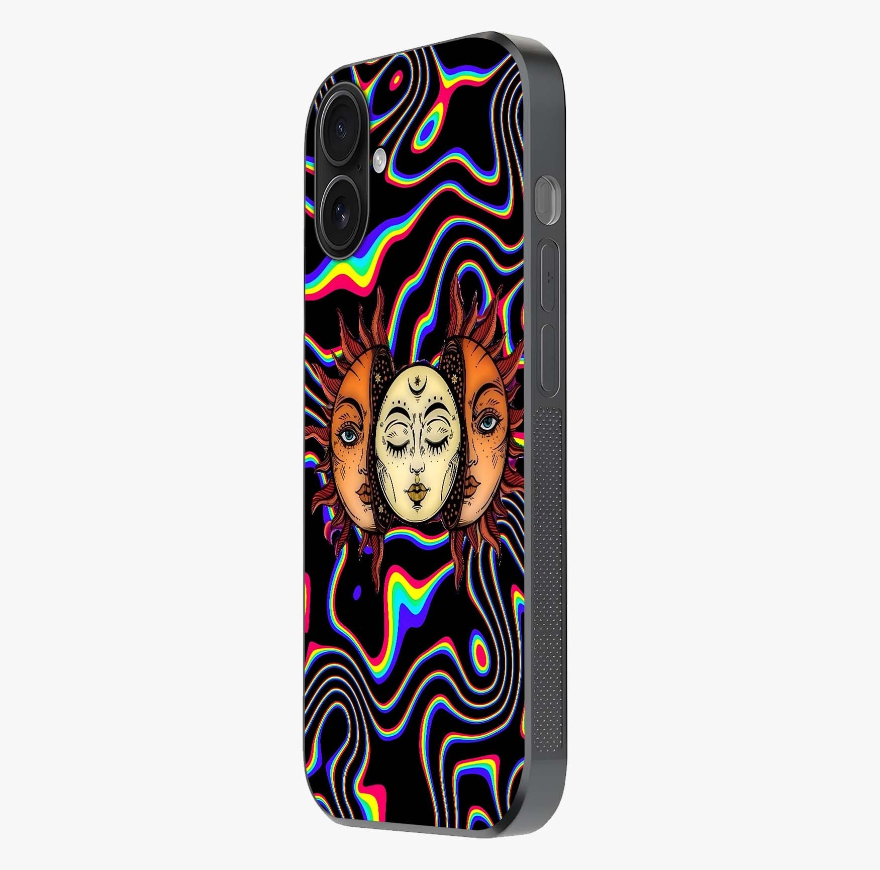 Psychedelic Sun Glass Case photographed in natural light showing reflective finish and design depth.