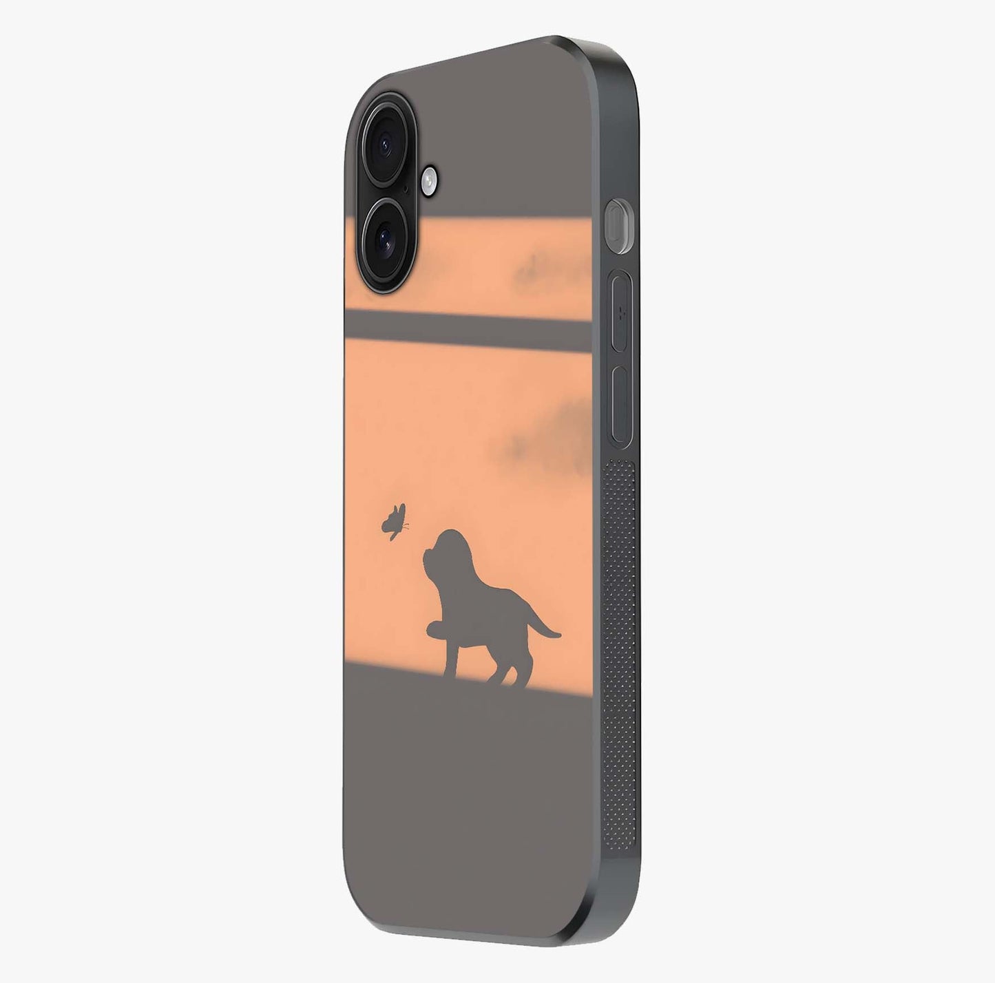 Puppy Shadow Art Glass Case photographed in natural light showing reflective finish and design depth.