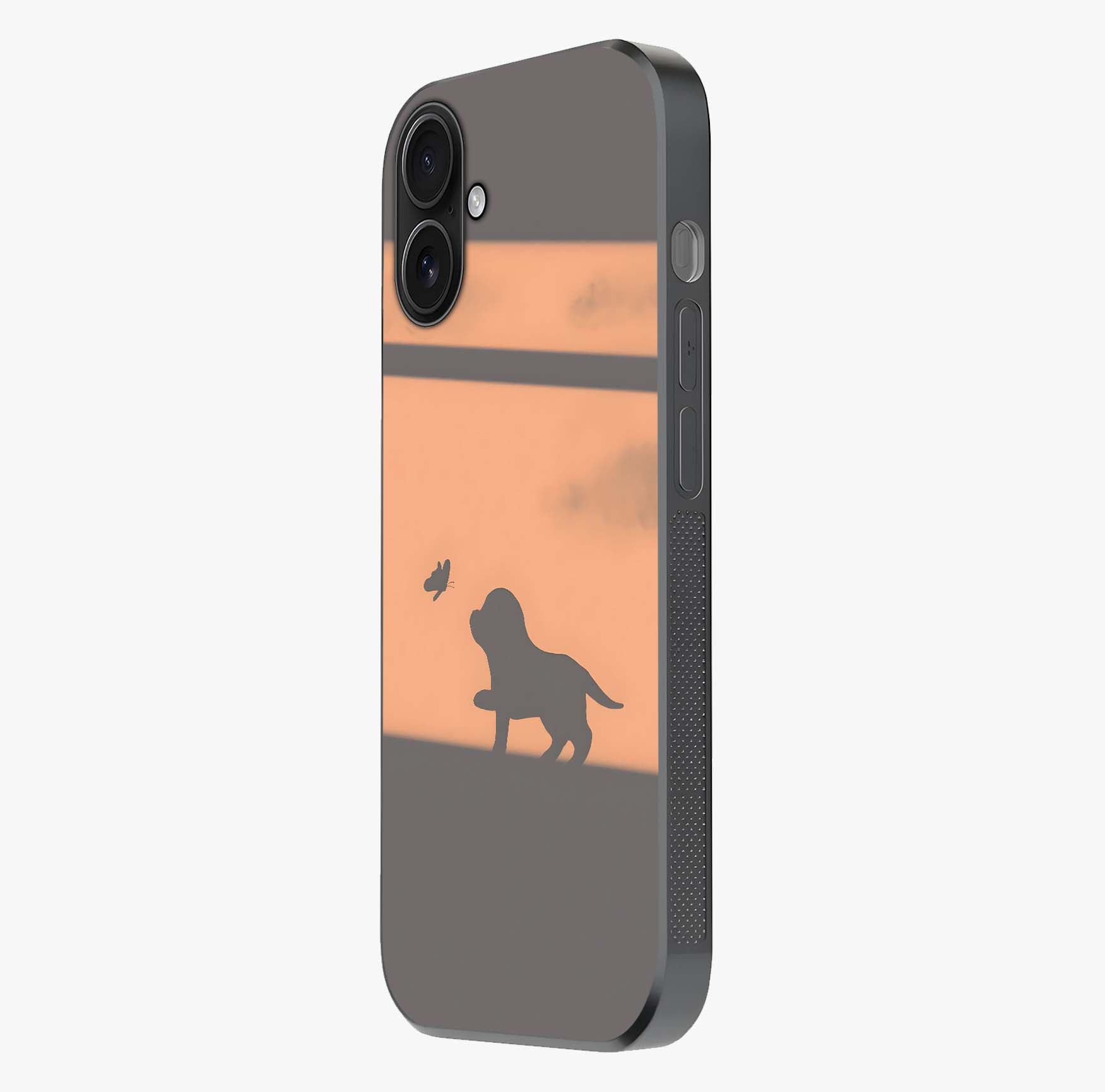 Puppy Shadow Art Glass Case photographed in natural light showing reflective finish and design depth.