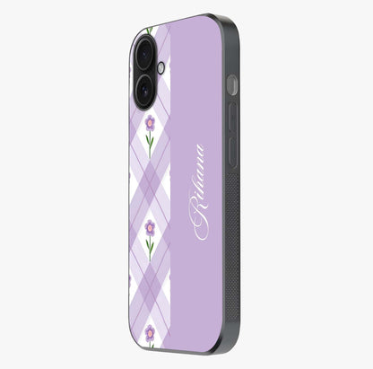 Purple Diamond Floral Glass Case photographed in natural light showing reflective finish and design depth.