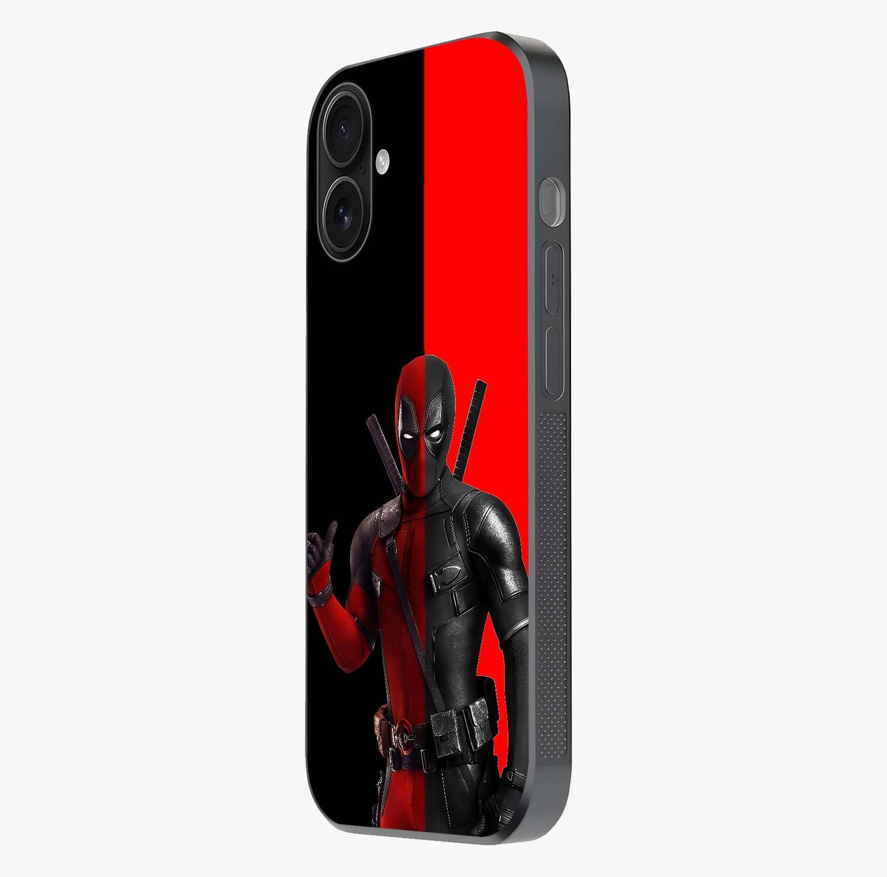 Red & Black Deadpool Theme Glass Case photographed in natural light showing reflective finish and design depth.