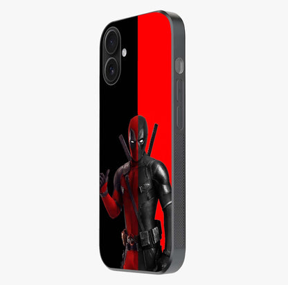 Red & Black Deadpool Theme Glass Case photographed in natural light showing reflective finish and design depth.