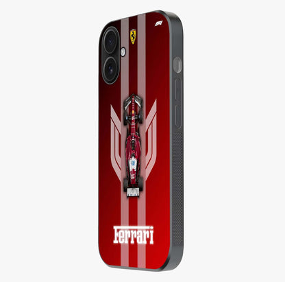 Red Ferrari F1 Vertical Glass Case photographed in natural light showing reflective finish and design depth.