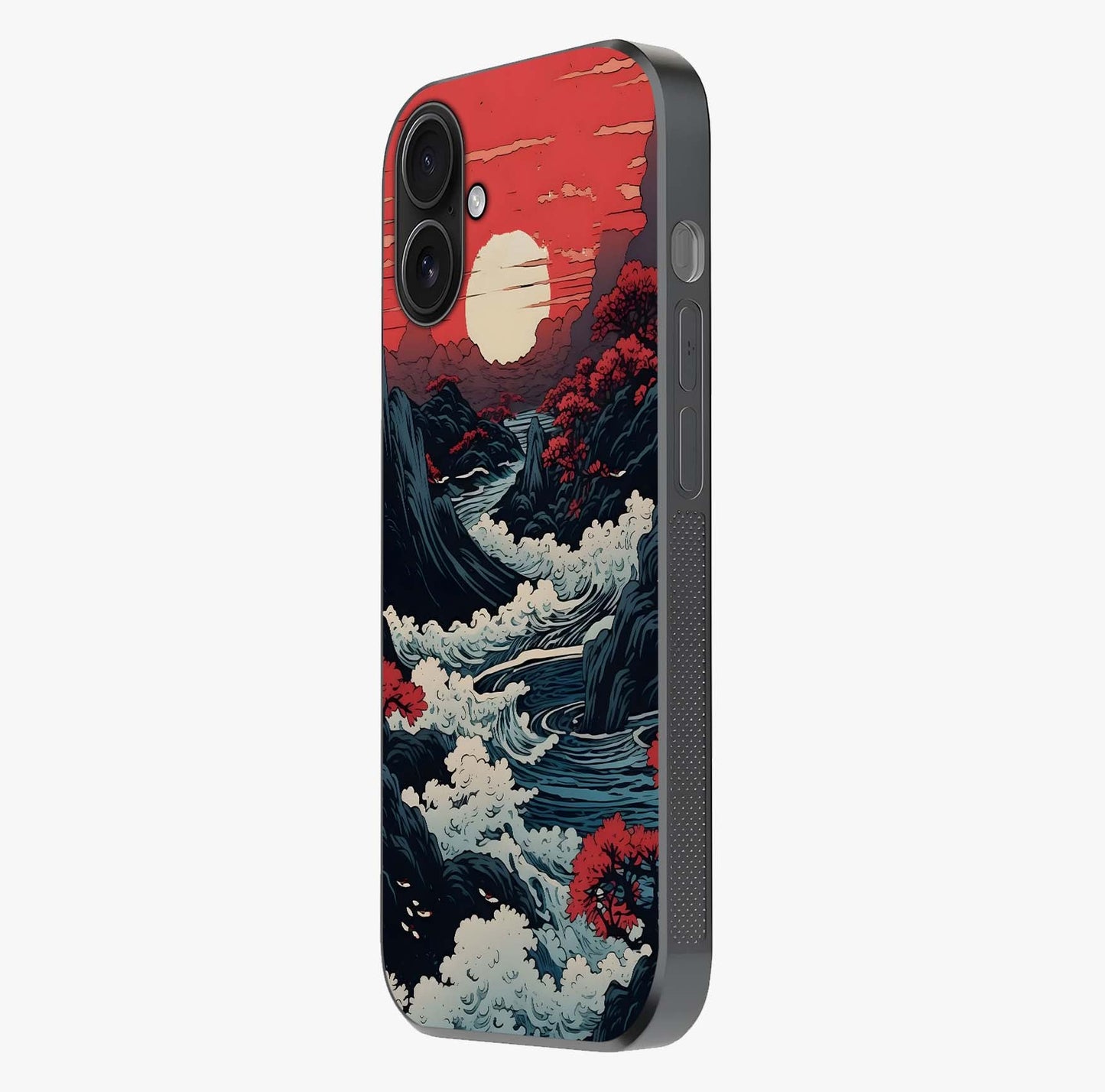 Red Sunset Scenery Glass Case photographed in natural light showing reflective finish and design depth.