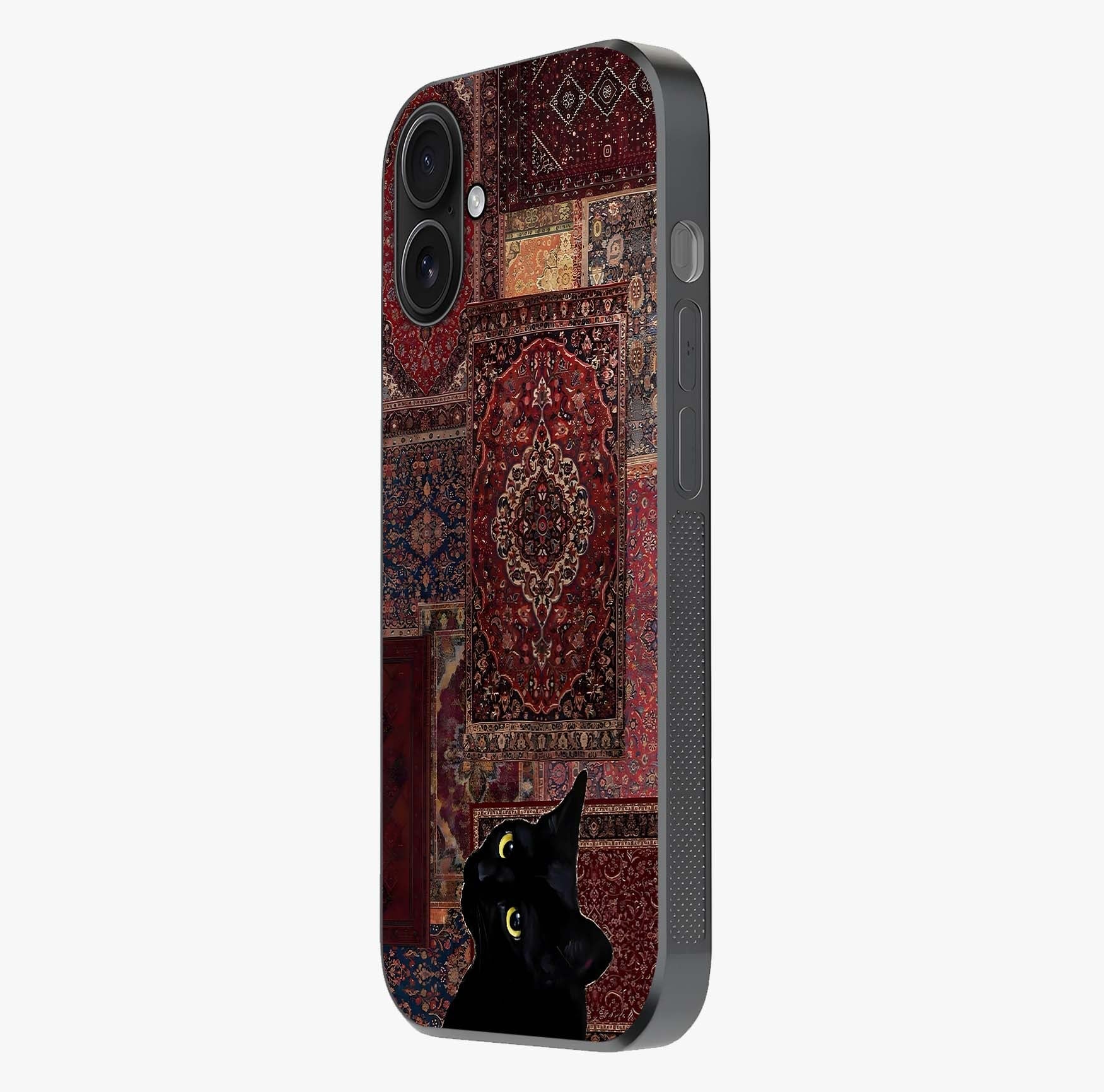 Regal Magic Cat Apple Glass Case photographed in natural light showing reflective finish and design depth.
