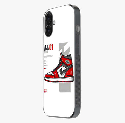 Retro Sneaker Blueprint Glass Case photographed in natural light showing reflective finish and design depth.