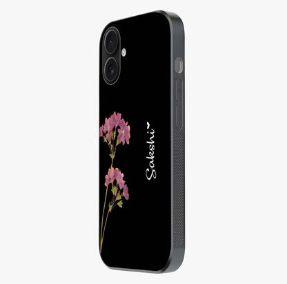 Riching Lavender Flower Custom Name Glass Case photographed in natural light showing reflective finish and design depth.