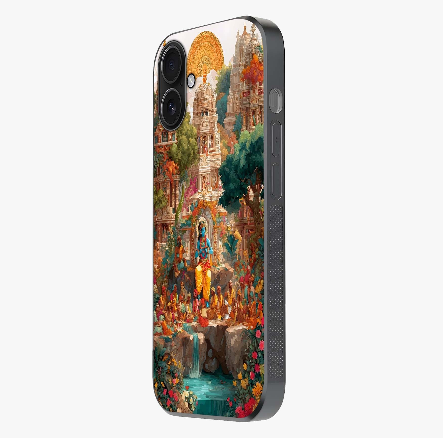 Sacred Sunlight Gods Glass Case photographed in natural light showing reflective finish and design depth.