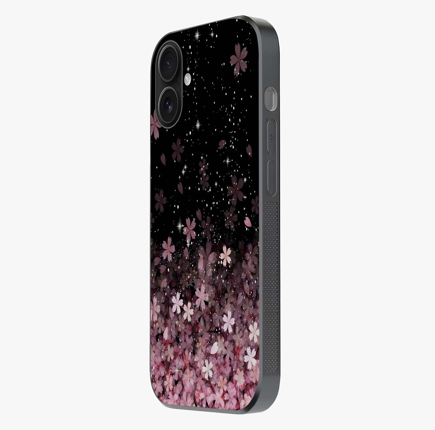 Small Starry Flowers Glass Case photographed in natural light showing reflective finish and design depth.