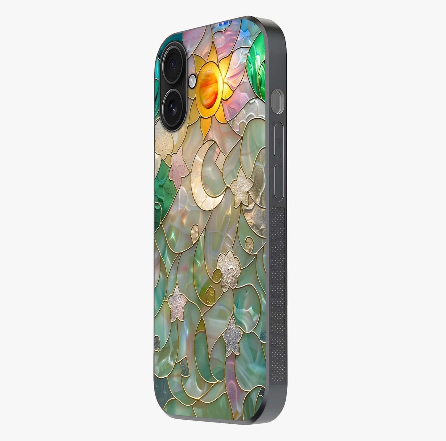 Stained Sunrise Glow Glass Case photographed in natural light showing reflective finish and design depth.