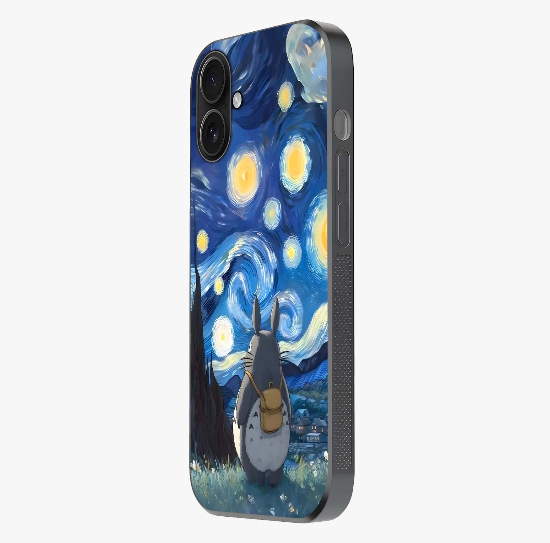 Totoro In Van Gogh Art Glass Case photographed in natural light showing reflective finish and design depth.