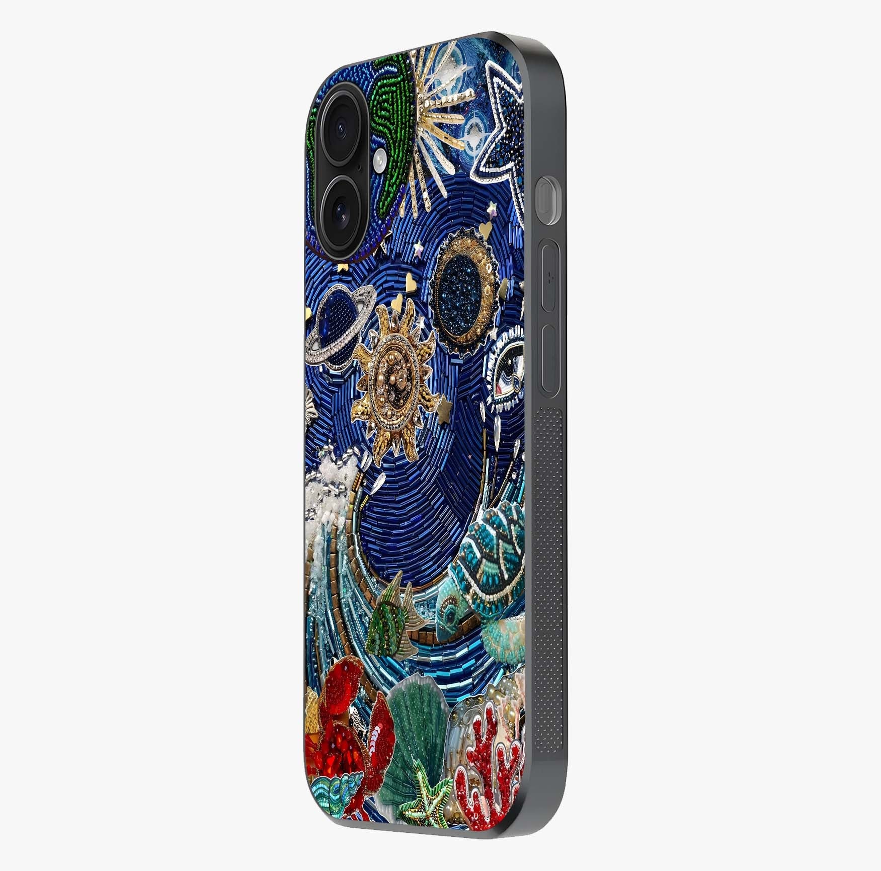 Universe Underwater Spark Glass Case photographed in natural light showing reflective finish and design depth.