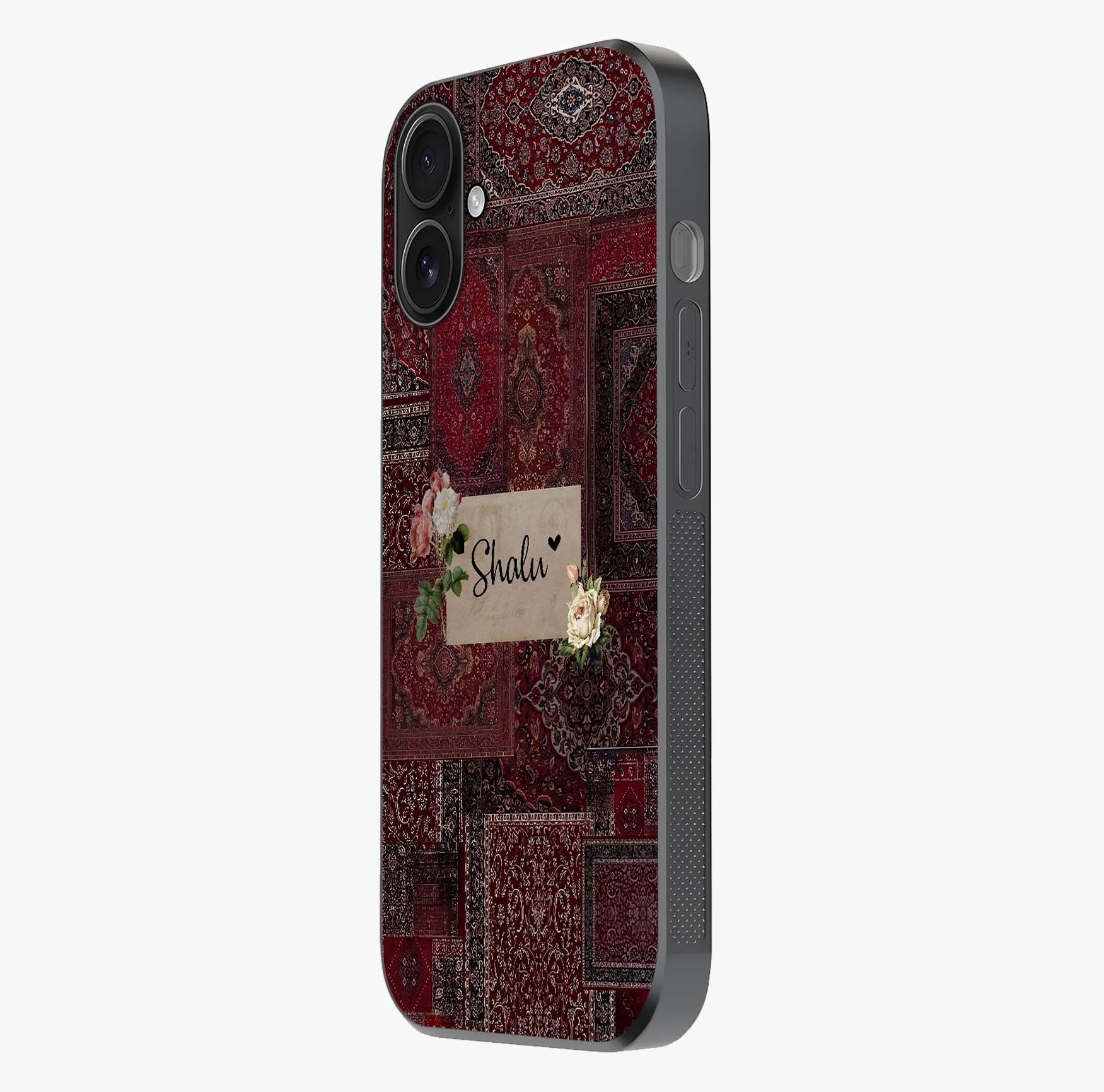 Velvet Wine Pattern Custom Name Glass Case photographed in natural light showing reflective finish and design depth.