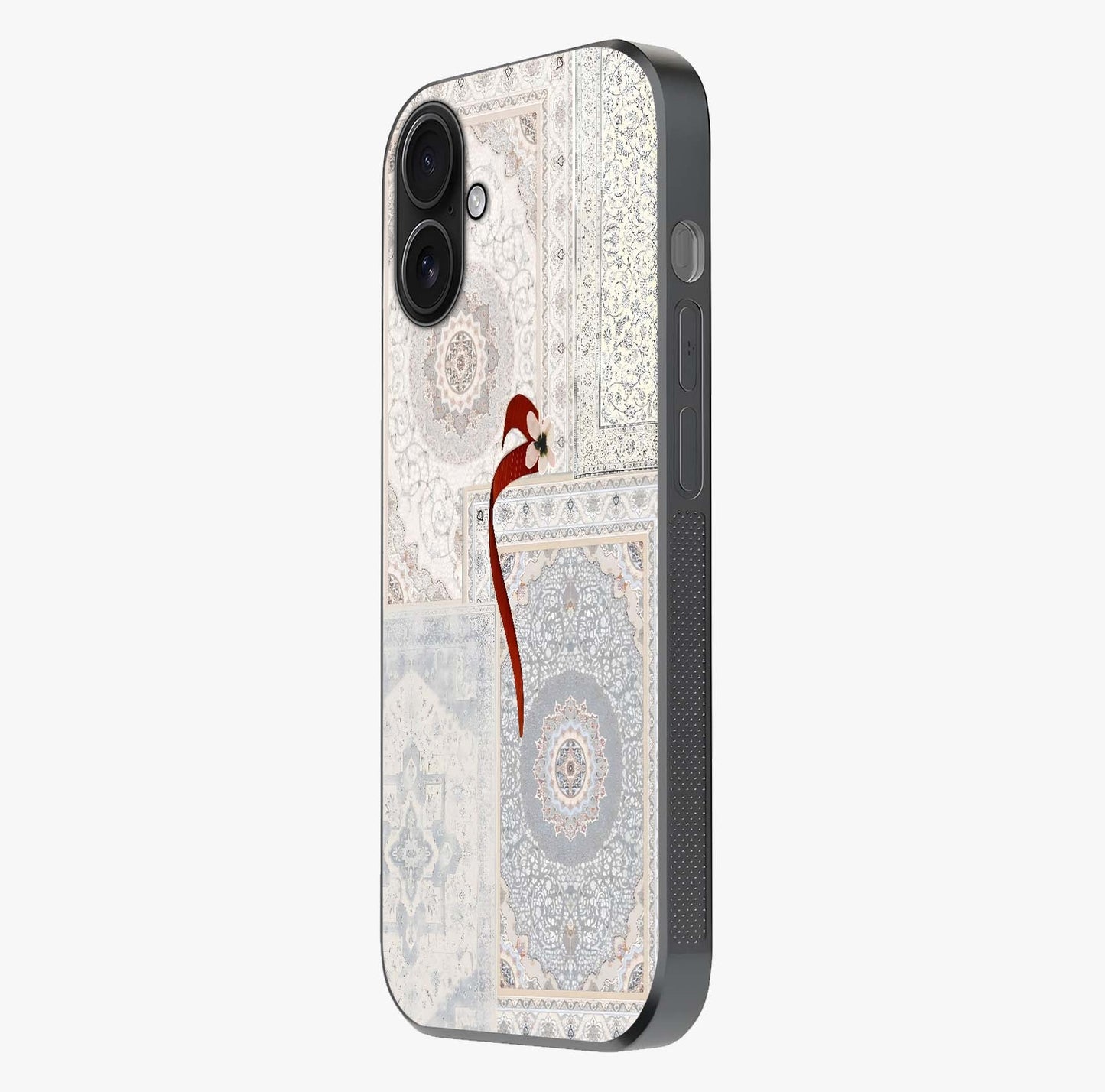 White Aesthetic Bow Glass Case photographed in natural light showing reflective finish and design depth.