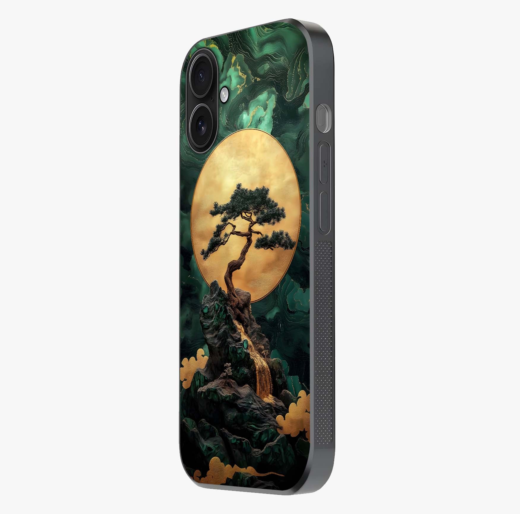 Zen Moon Rise Glass Case photographed in natural light showing reflective finish and design depth