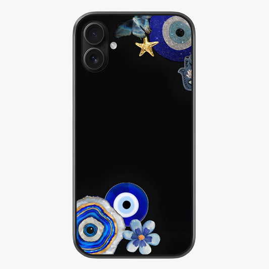 Aesthetic Blue Evil Eye Glass Case showing full back design in clean flat view with glossy glass finish.