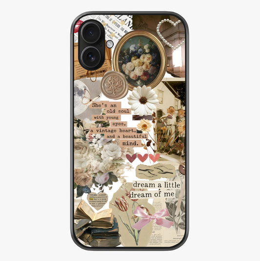Aesthetic Brown Vintage Collage Glass Case showing full back design in clean flat view with glossy glass finish.