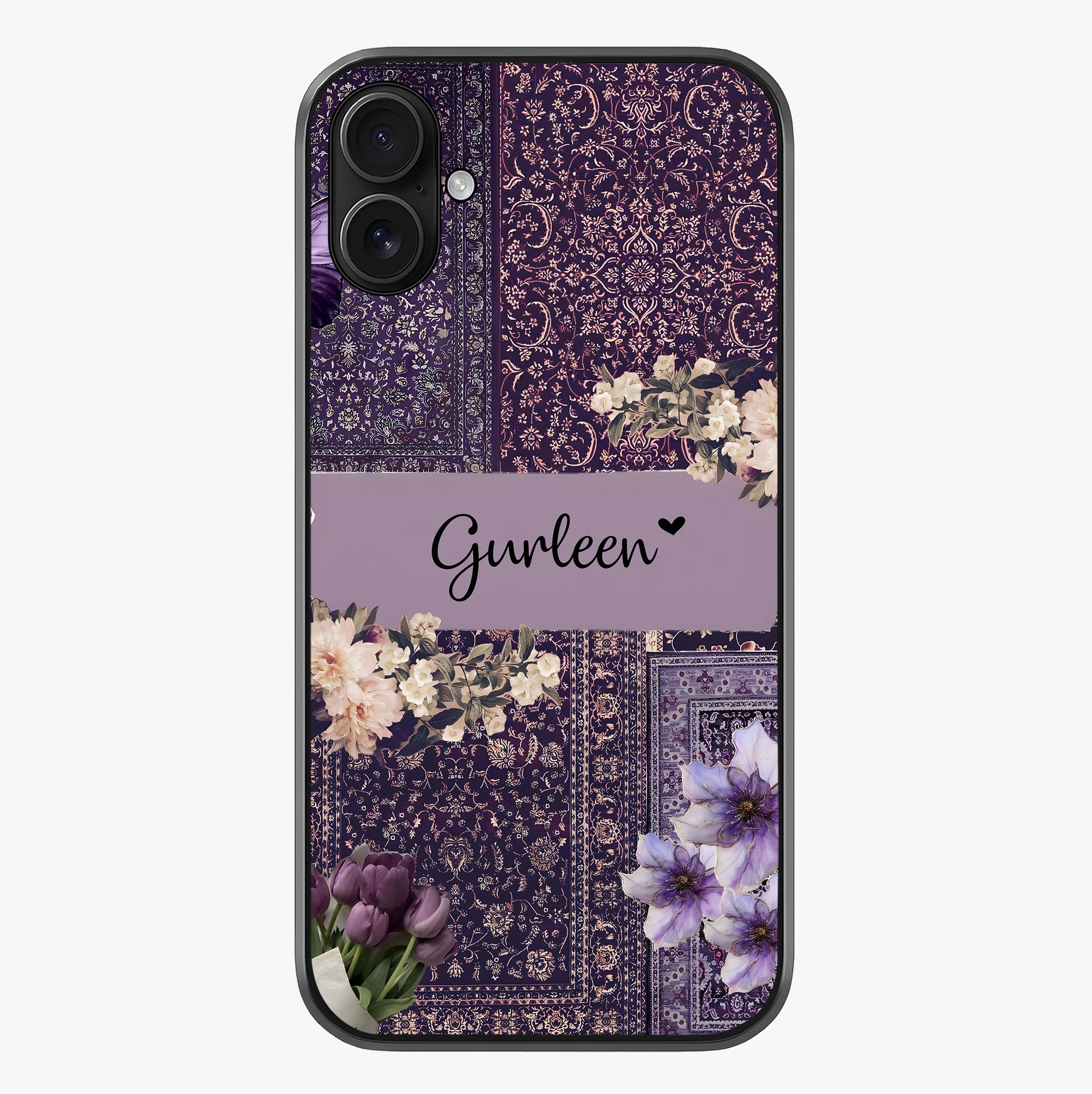 Antique Floral Whisper Custom Name Glass Case showing full back design in clean flat view with glossy glass finish.