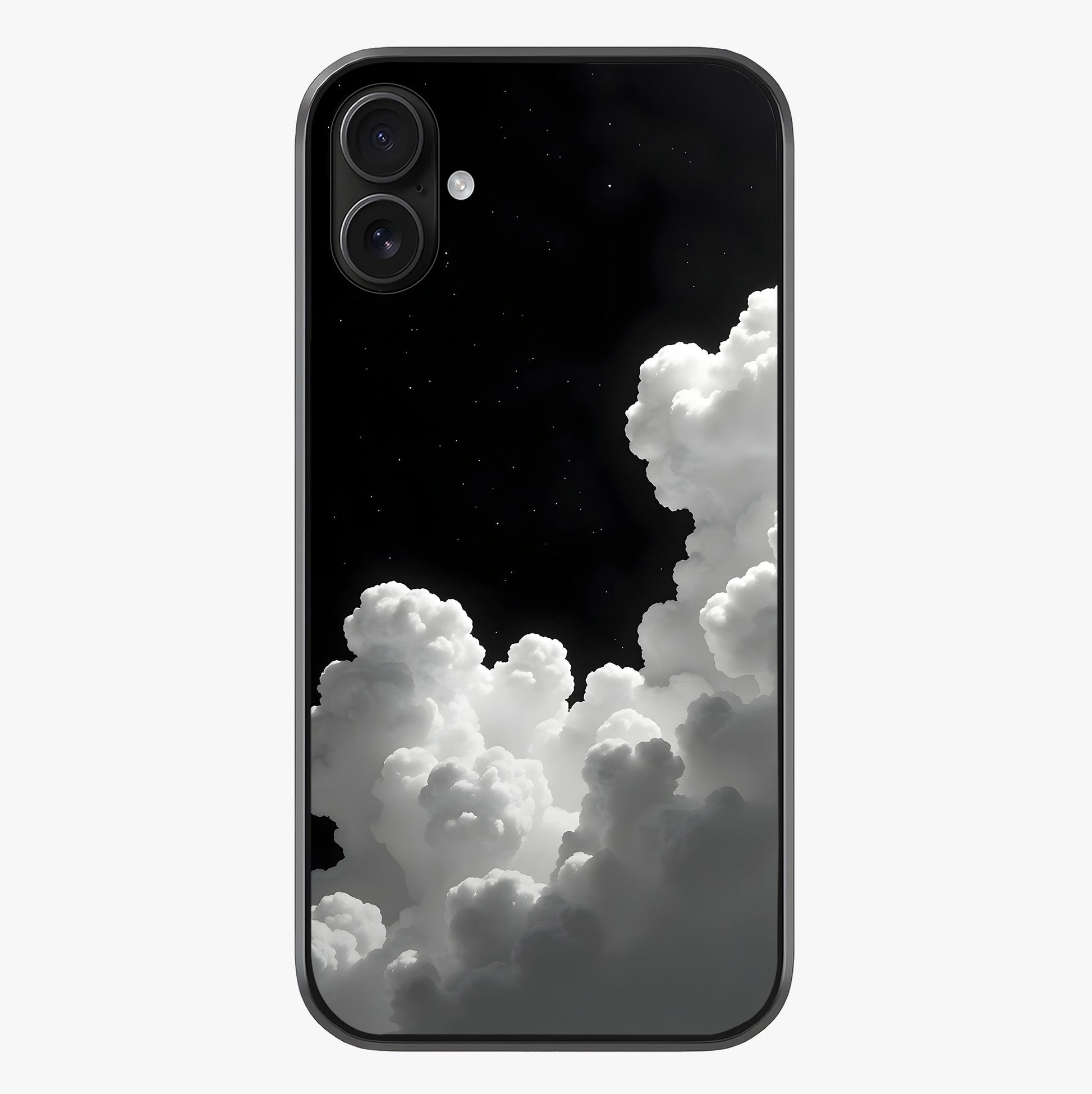 Black Background With White Cloud Glass Case showing full back design in clean flat view with glossy glass finish.