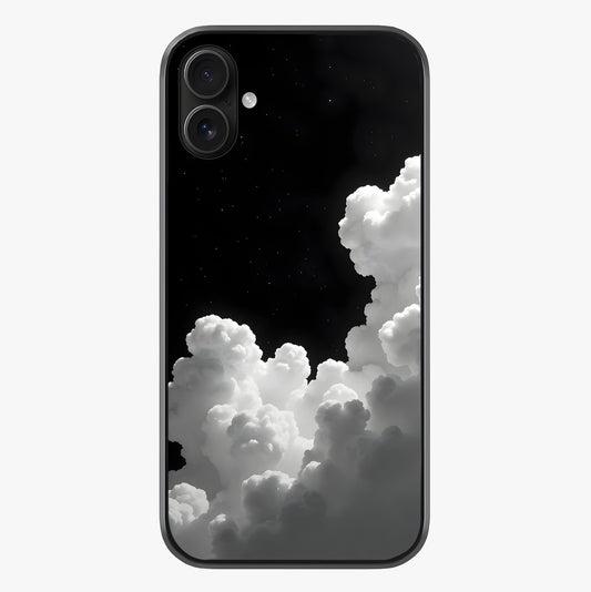 Black Background With White Cloud Glass Case showing full back design in clean flat view with glossy glass finish.