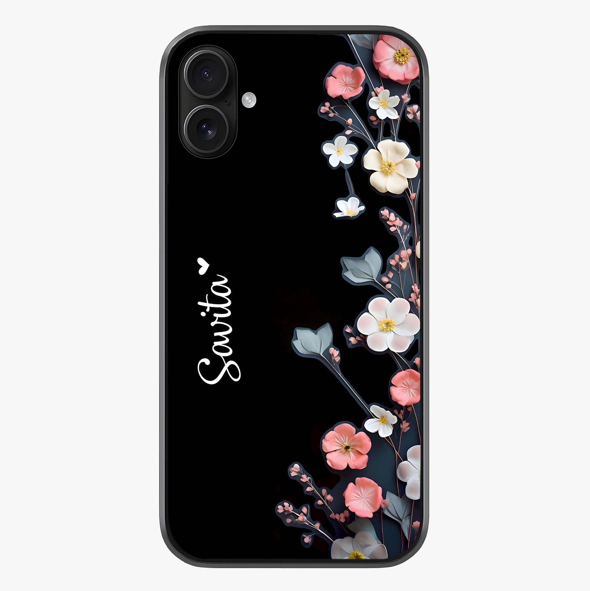 Black Elegance Floral Custom Name Glass Case showing full back design in clean flat view with glossy glass finish.