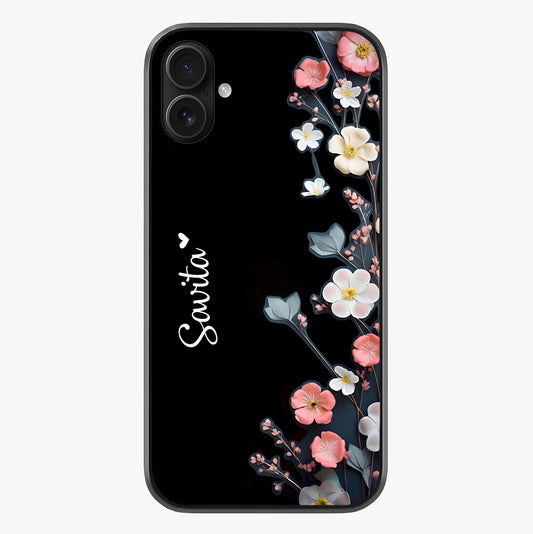 Black Elegance Floral Custom Name Glass Case showing full back design in clean flat view with glossy glass finish.