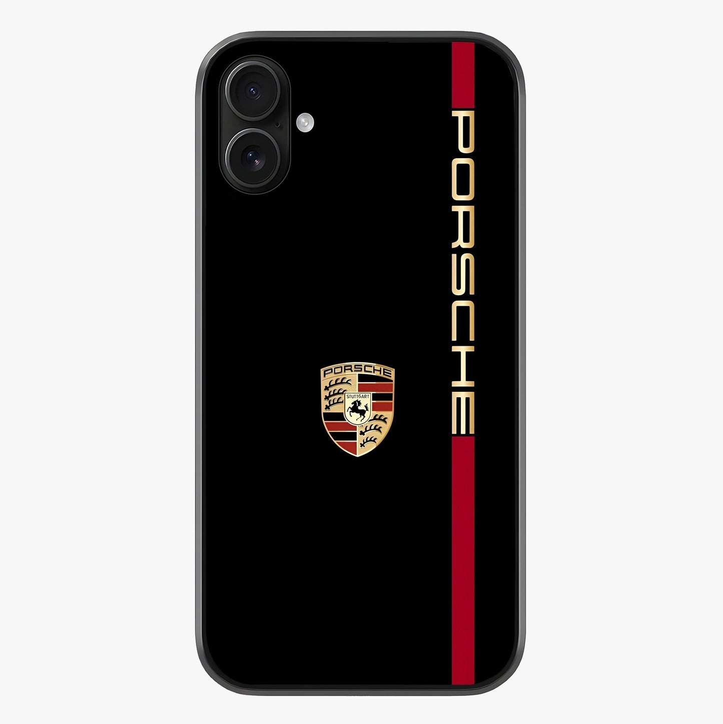 Black Minimal Porsche Glass Case showing full back design in clean flat view with glossy glass finish.