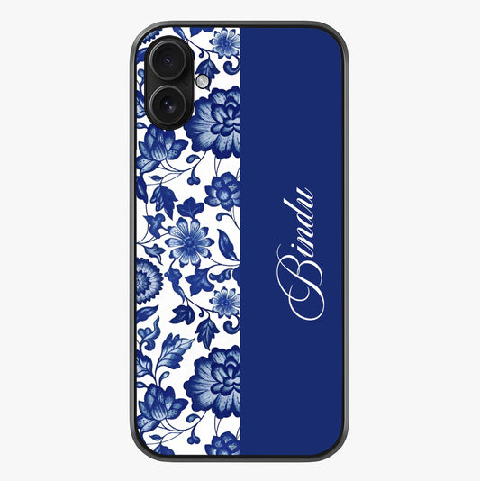 Blue Vintage Floral Pattern Glass Case showing full back design in clean flat view with glossy glass finish.