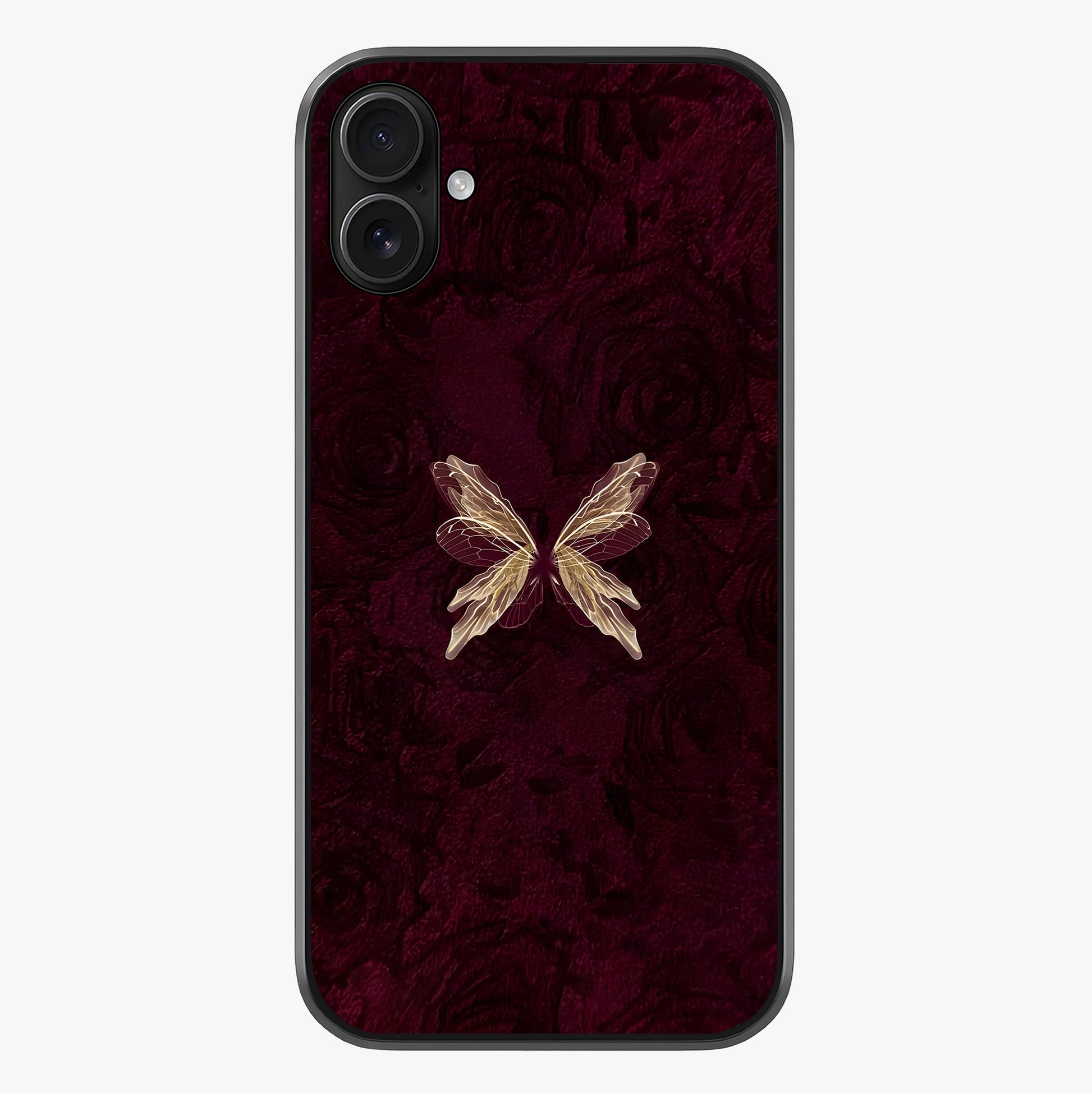 Crimson Fade Butterfly Glass Case showing full back design in clean flat view with glossy glass finish.