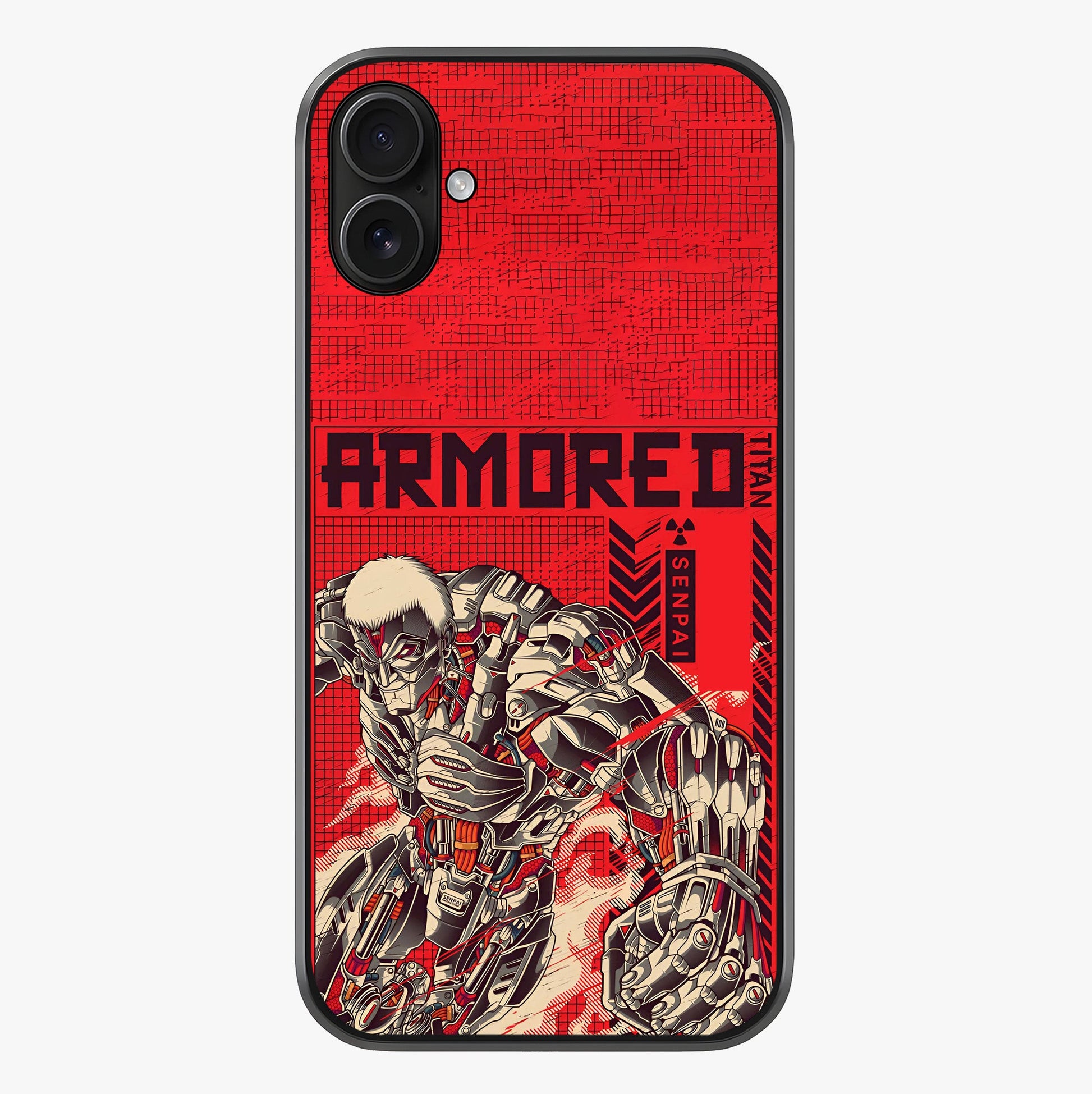 Crimson Mecha Titan Glass Case showing full back design in clean flat view with glossy glass finish.