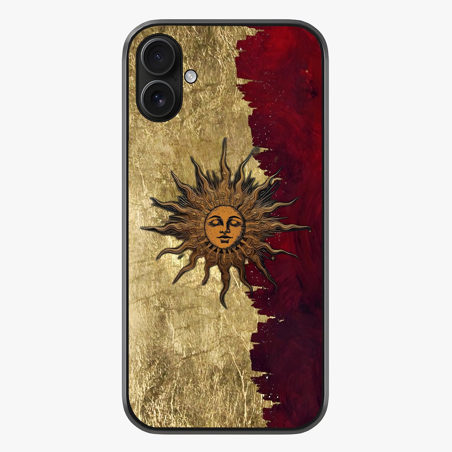Crimson Sun Majesty Glass Case showing full back design in clean flat view with glossy glass finish.
