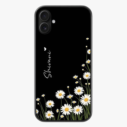 Daisy Cascade Custom Name Glass Case showing full back design in clean flat view with glossy glass finish.