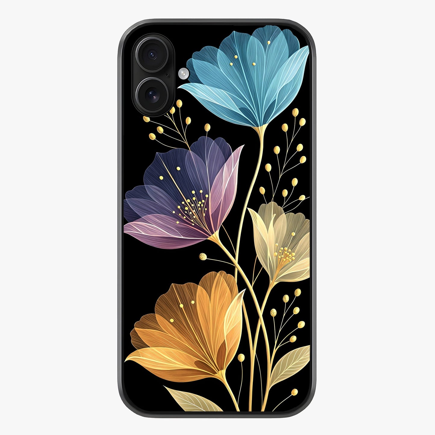 Delicate Multicolor Flowers Glass Case showing full back design in clean flat view with glossy glass finish.