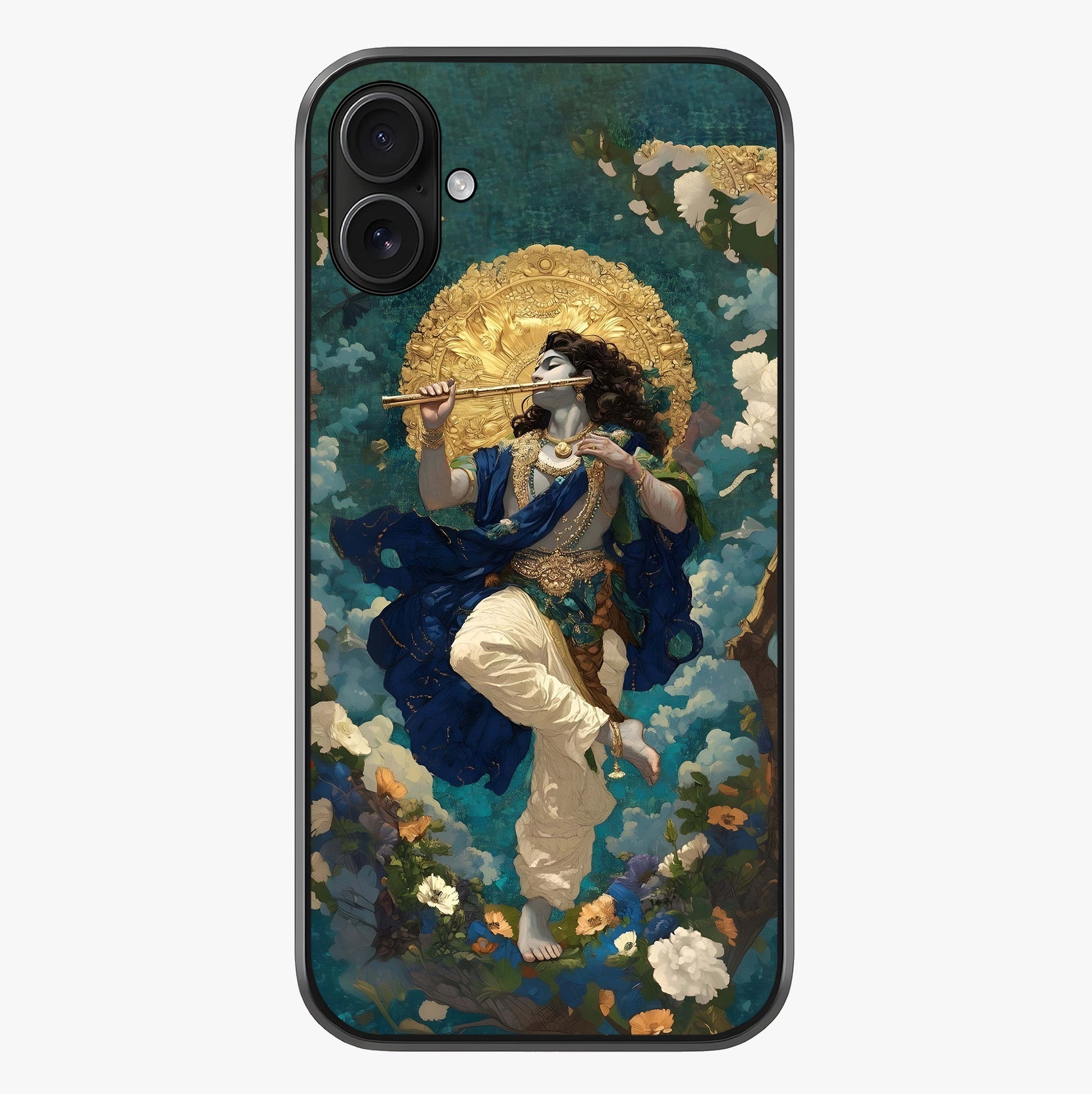 Divine Krishna Art Glass Case showing full back design in clean flat view with glossy glass finish.