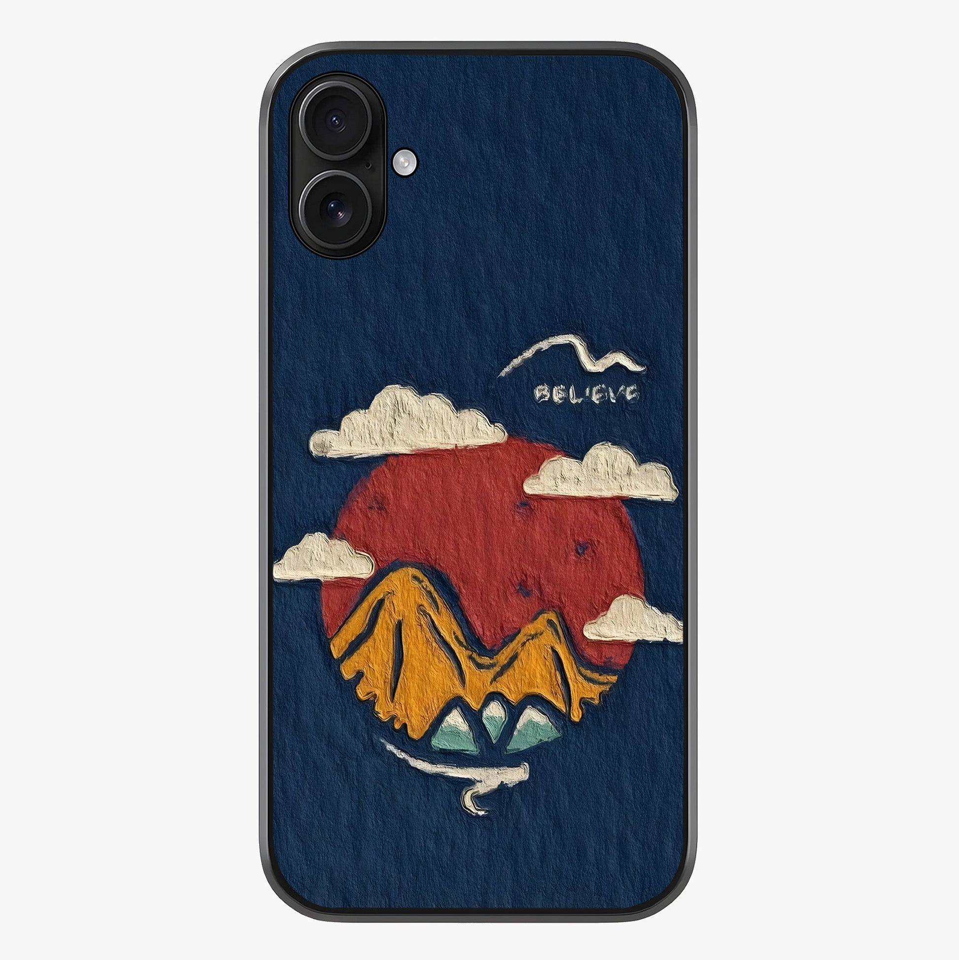 Dream Beyond Mountains Glass Case showing full back design in clean flat view with glossy glass finish.