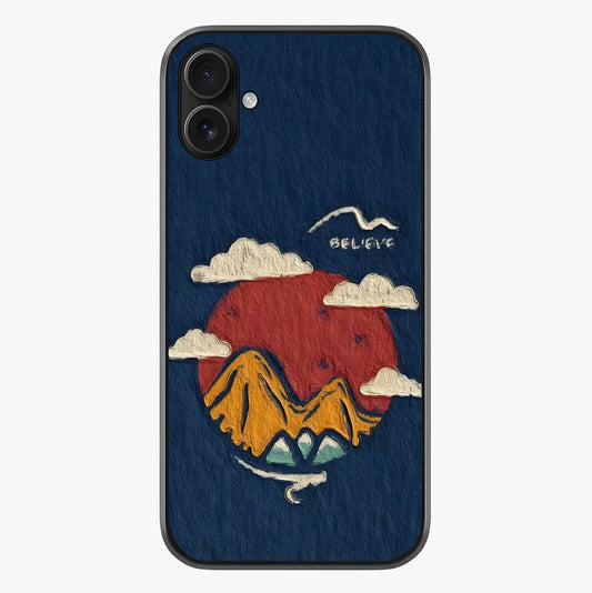 Dream Beyond Mountains Glass Case showing full back design in clean flat view with glossy glass finish.