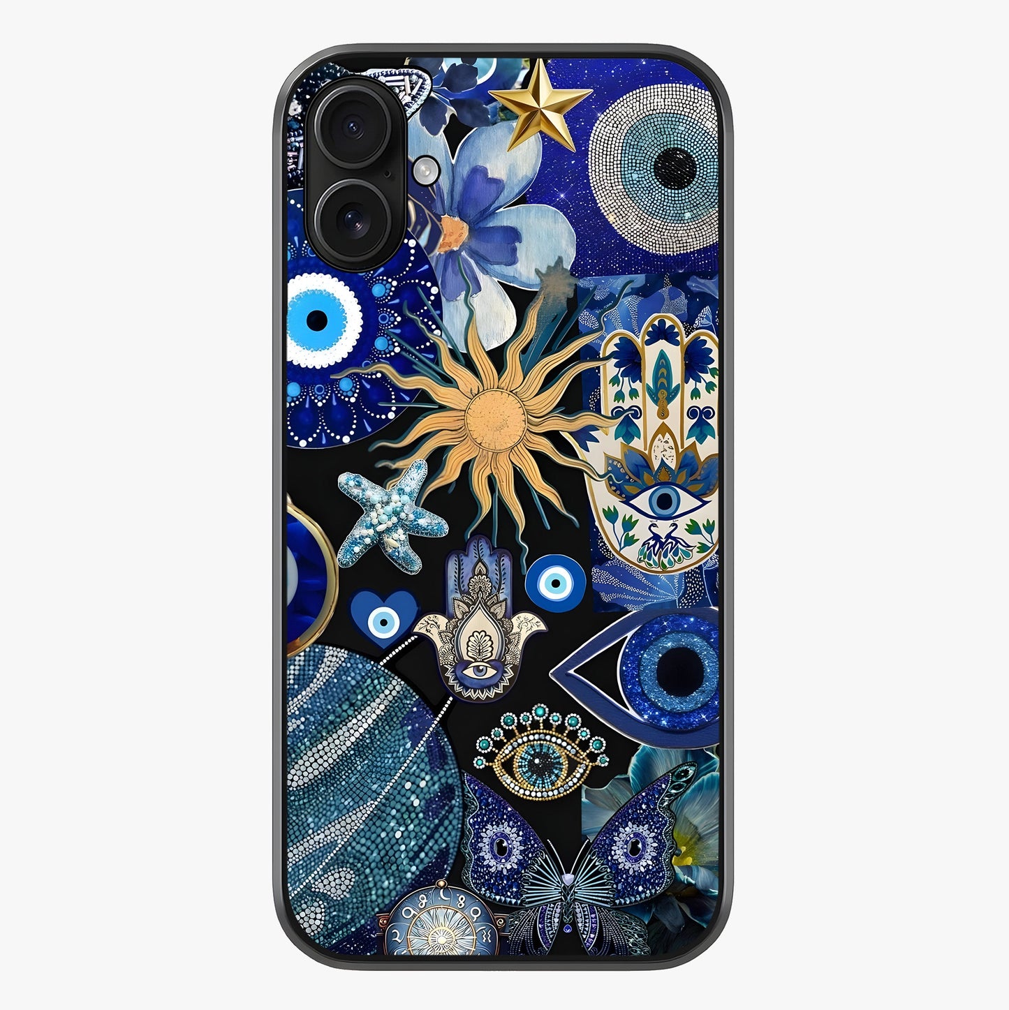Evil Eye Charm Mix Glass Case showing full back design in clean flat view with glossy glass finish.