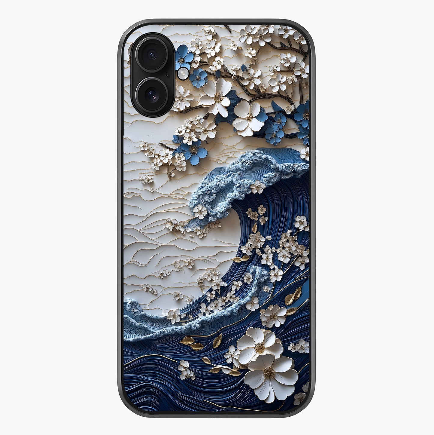 Floral Wave Origami Glass Case showing full back design in clean flat view with glossy glass finish.