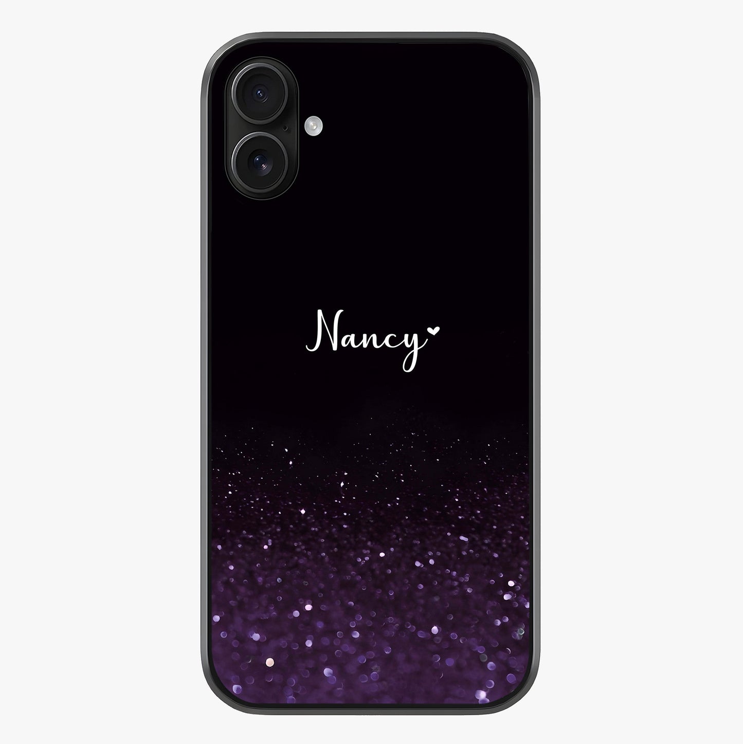 Glittery Purple Bokeh Custom Name Glass Case showing full back design in clean flat view with glossy glass finish.