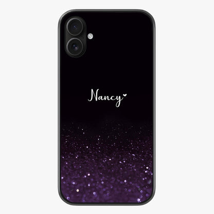 Glittery Purple Bokeh Custom Name Glass Case showing full back design in clean flat view with glossy glass finish.