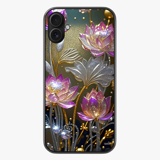 Golden Lotus Glow Glass Case showing full back design in clean flat view with glossy glass finish.