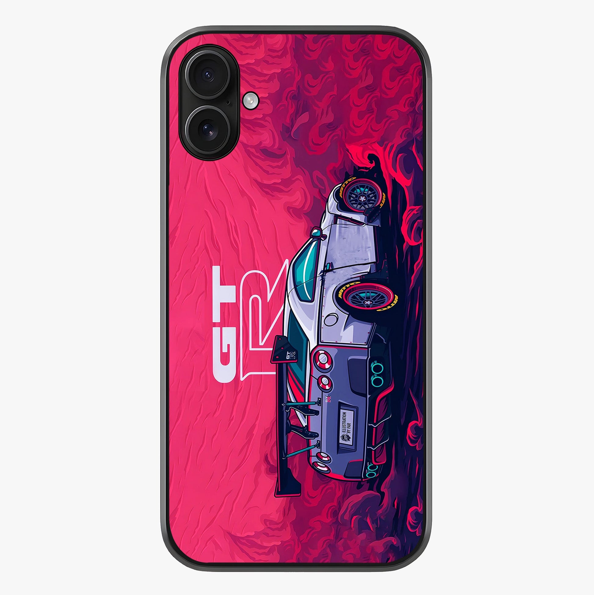 GT R Car Pattern Glass Case showing full back design in clean flat view with glossy glass finish.